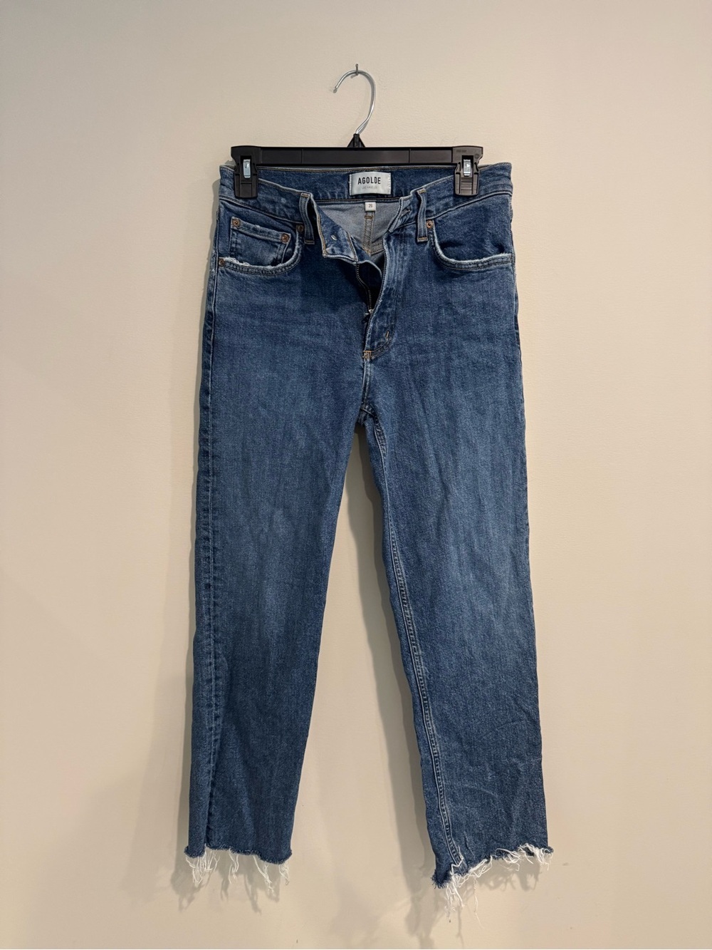 Agolde Kye Mid Rise Straight Crop Blue Denim With Contrast Stitching Hem